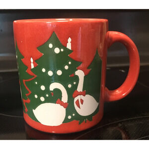 VINTAGE Waechtersbach red ceramic coffee Mug (W. Germany) Christmas Tree & Geese